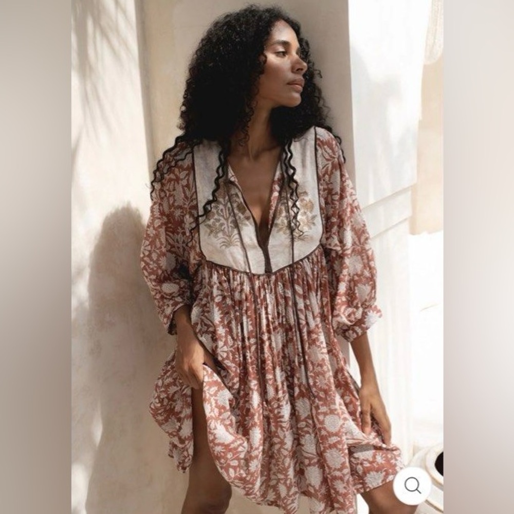 Daughters of India Rust Floral Mini Dress with Cream Yoke